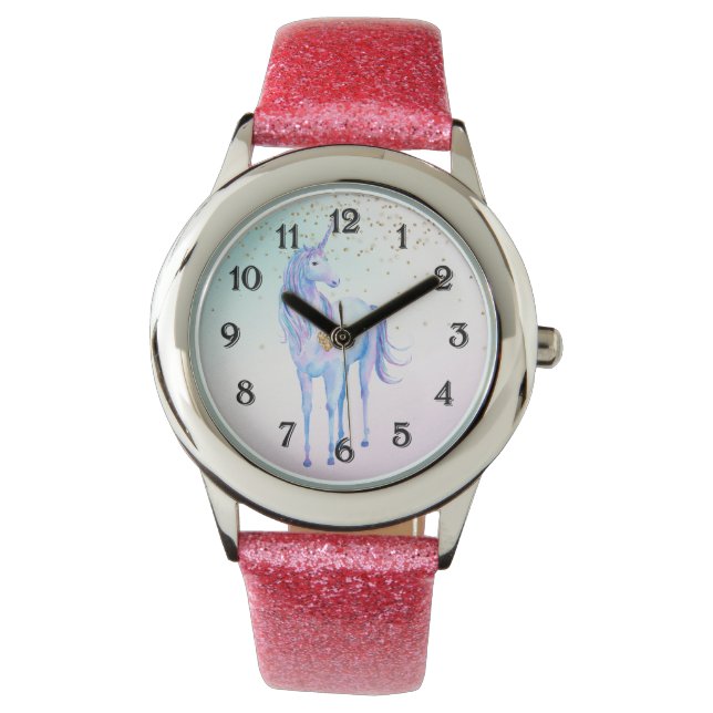 パープルユニコーン金ゴールドグリッターハート 腕時計 (正面)