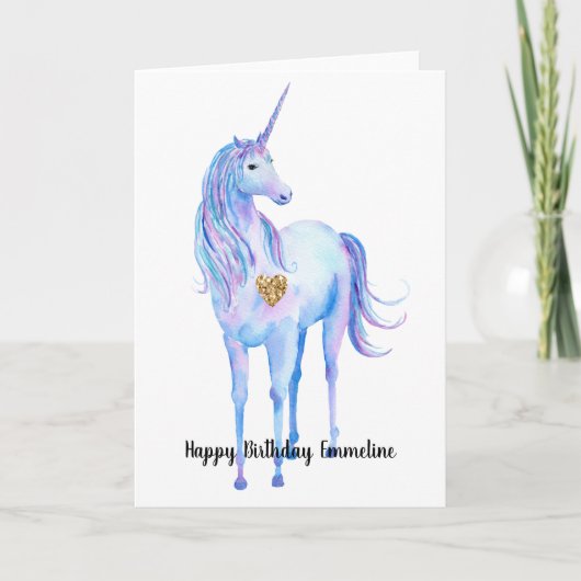 パープルユニコーン金ゴールドグリッターパーソナライズされたハート カード (正面)