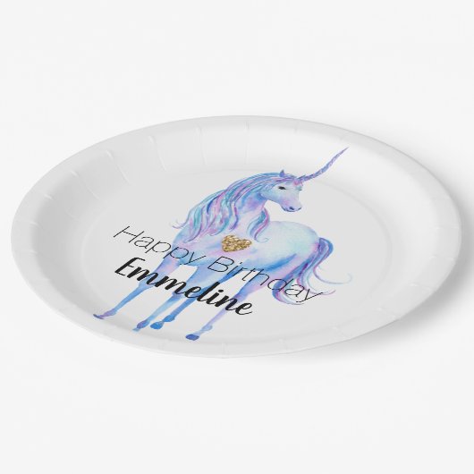 パープルユニコーン金ゴールドグリッターパーソナライズされたハート ペーパープレート (アングル)