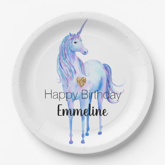 パープルユニコーン金ゴールドグリッターパーソナライズされたハート ペーパープレート (正面)