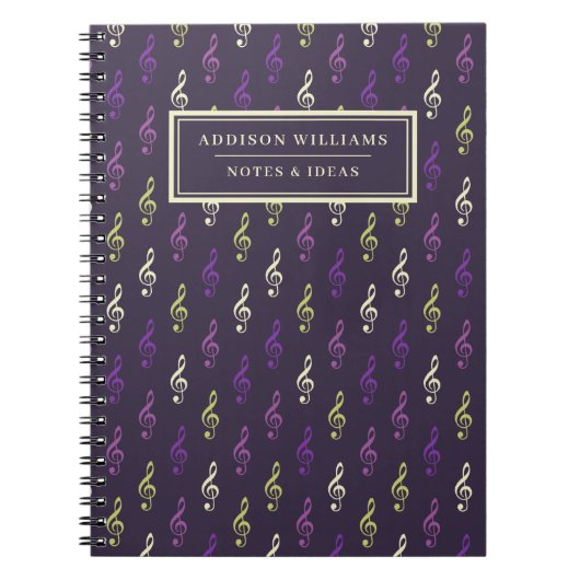 パープルユニークミュージックノートパターン名前をカスタムする ノートブック (正面)