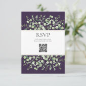 パープルユーカリQRコード結婚式RSVP エンクロージャーカード (スタンド正面)