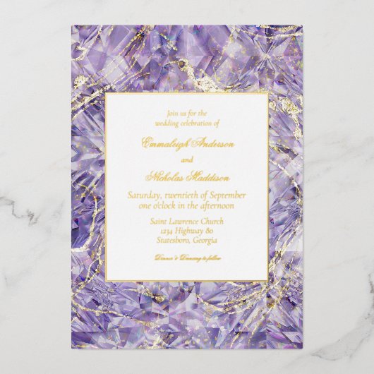 パープルユーフォリアスピネル結婚宝石 箔招待状 (正面)