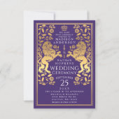 パープルライオ王室のン中世金ゴールド結婚式招待状 招待状 (正面)