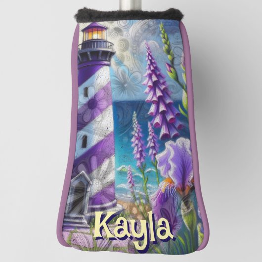 パープルライトハウス(フォックスグローブ&アイリス付パーソナライズされた) ゴルフヘッドカバー (回転90)