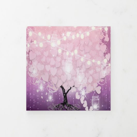 パープルライト赤面ピンクハートリーフ結婚ズ 三つ折り招待状 (カバー)