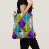 パープルライムターコイズ金ゴールドハーレクインとモノグラム トートバッグ (クローズアップ)