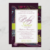 パープルライムフローラペイズリーベビーシャワー招待 招待状 (正面/裏面)