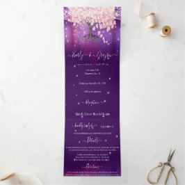 パープルライラックとピンクのハートの葉の木の結婚式のトライ- 三つ折り招待状