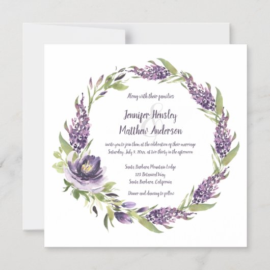 パープルライラックと牡丹フローラ結婚リース | マグネット招待状 (正面)