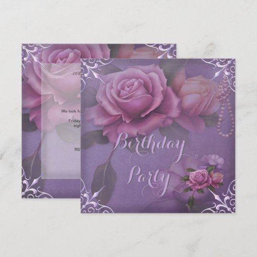 パープルライラックピンクバラの誕生日パーティー 招待状 (正面/裏面)