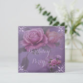 パープルライラックピンクバラの誕生日パーティー 招待状 (スタンド正面)