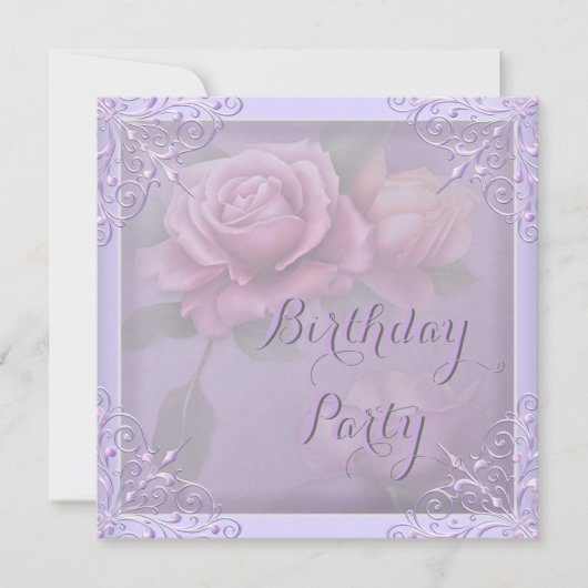 パープルライラックローズの可愛い誕生日パーティー 招待状 (正面)