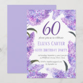 パープルライラック60周年フラワーレトロな誕生日 招待状 (正面/裏面)