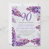 パープルライラック90周年フラワーレトロな誕生日 招待状 (正面)