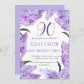 パープルライラック90周年フラワーレトロな誕生日 招待状 (正面/裏面)