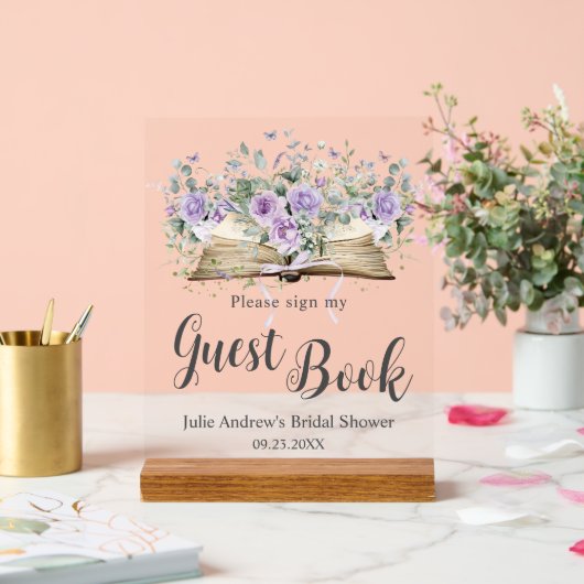 パープルライラック フローラル ブック チャプター ブライダル ゲストブック アクリルサイン (ウェディング)