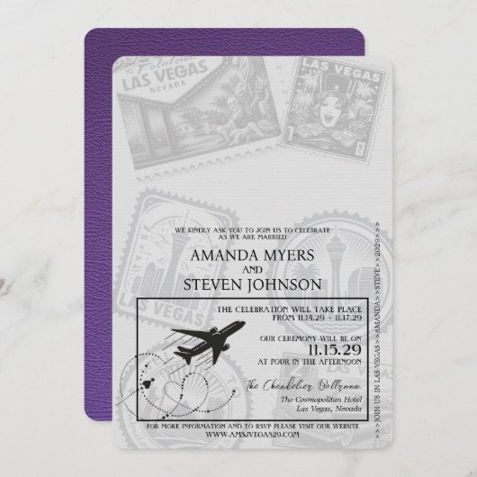 パープルラスベガス結婚パスポート 招待状 (正面/裏面)