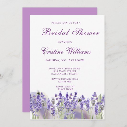 パープルラバエレガントンダーフラワーズブライダルシャワー 招待状 (正面/裏面)