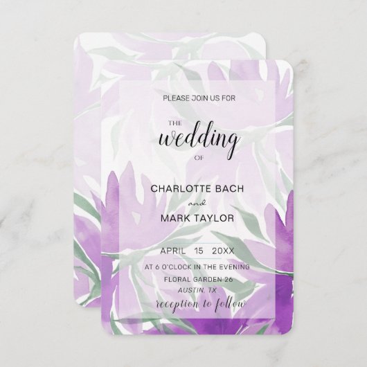 パープルラバンダーウォーターカラーエレガントフローラ 招待状 (正面/裏面)
