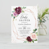 パープルラブフローラバラ金ゴールド紙吹雪ベビーシャワー 招待状 (スタンド正面)