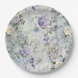 パープルラベかわいらしンダーホワイトローズフローラズ結婚 ペーパープレート