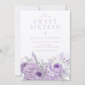 パープルラベンダーきらめくフローラスウィート16パーティー 招待状 (正面)