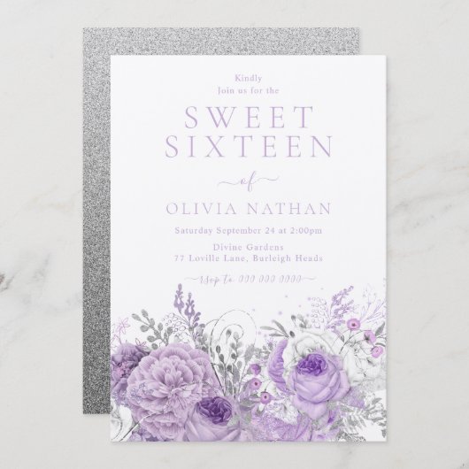 パープルラベンダーきらめくフローラスウィート16パーティー 招待状 (正面/裏面)