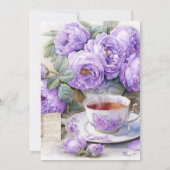 パープルラベンダーの芍薬のティーカップの誕生日パーティー 招待状 (裏面)