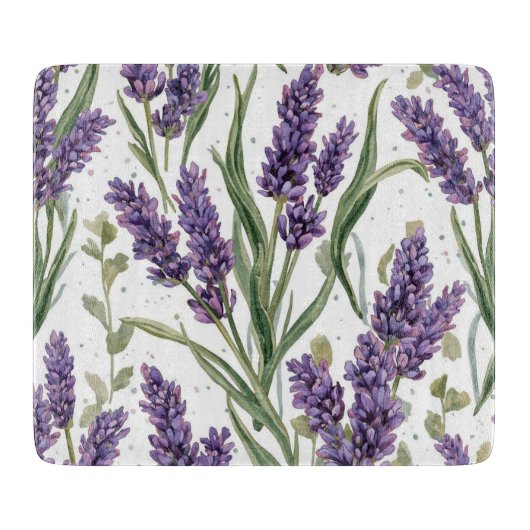 パープルラベンダーの花咲く水彩植物画 カッティングボード (正面)