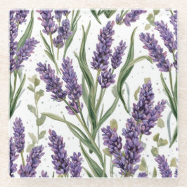 パープルラベンダーの花咲く水彩植物画 ガラスコースター