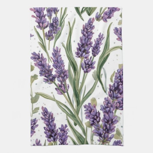 パープルラベンダーの花咲く水彩植物画 キッチンタオル (縦)