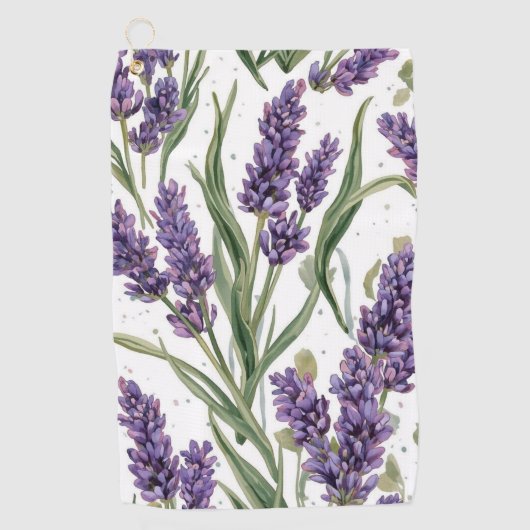 パープルラベンダーの花咲く水彩植物画 ゴルフタオル (正面)