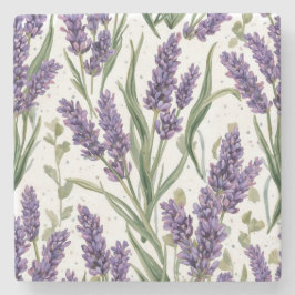 パープルラベンダーの花咲く水彩植物画 ストーンコースター