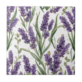 パープルラベンダーの花咲く水彩植物画 タイル