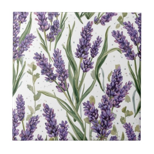 パープルラベンダーの花咲く水彩植物画 タイル (正面)