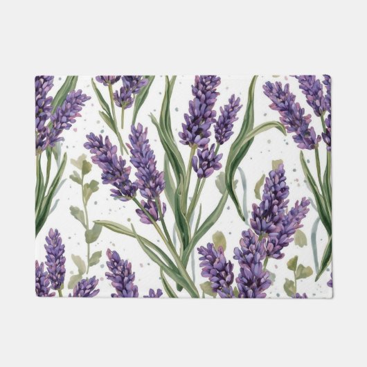 パープルラベンダーの花咲く水彩植物画 ドアマット (正面)