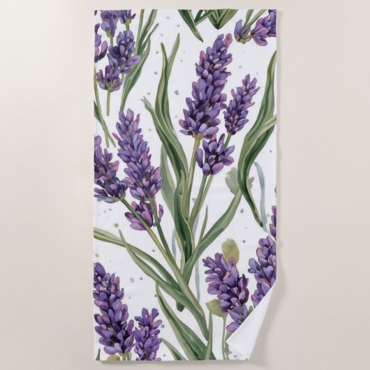 パープルラベンダーの花咲く水彩植物画 ビーチタオル (正面)