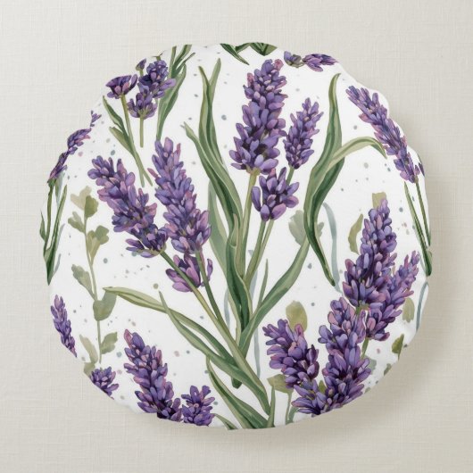 パープルラベンダーの花咲く水彩植物画 ラウンドクッション (正面)