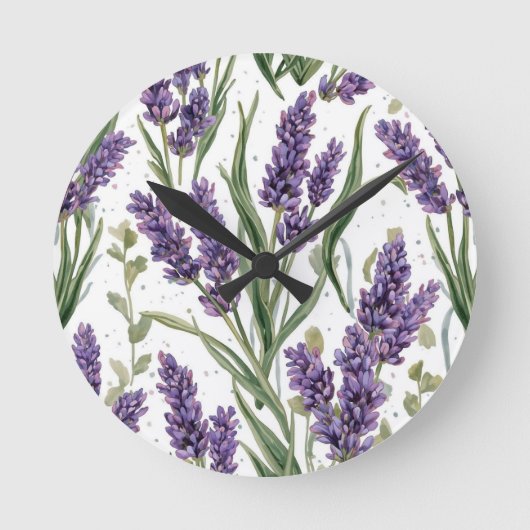パープルラベンダーの花咲く水彩植物画 ラウンド壁時計 (正面)