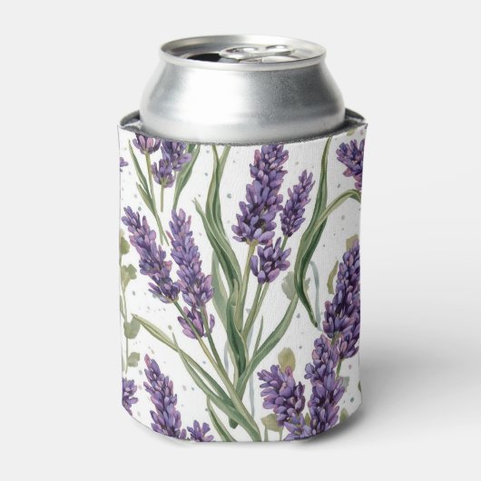 パープルラベンダーの花咲く水彩植物画 缶クーラー (缶正面)
