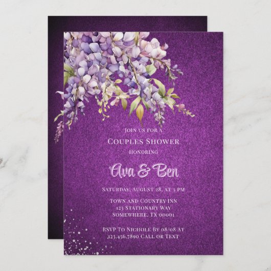 パープルラベンダーウィステリアグリッターカップルシャワー 招待状 (正面/裏面)