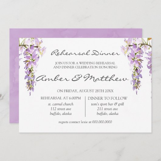 パープルラベンダーウィステリアリハーサルディナー 招待状 (正面/裏面)