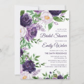 パープルラベンダーウォーターカラーフローラブライダルシャワー 招待状 (正面)