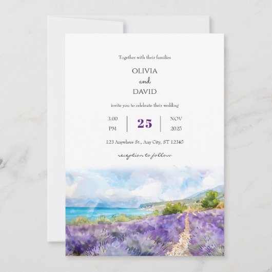 パープルラベンダーコースタルフィールドアートビーチ結婚式 招待状 (正面)