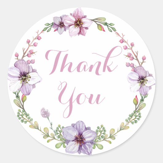 パープルラベンダーサンキューウォーターカラーフローラリース ラウンドシール (正面)