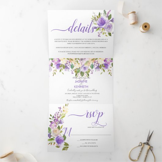 パープルラベンダーシャンパンウォーターカラーフローラ 三つ折り招待状 (内部)