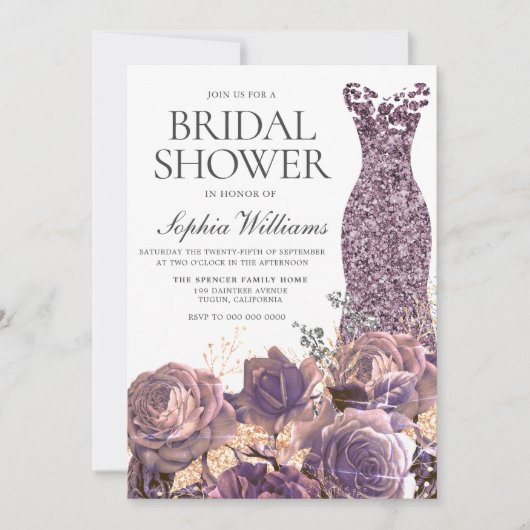 パープルラベンダーダスティバラブライダルシャワー 招待状 (正面)