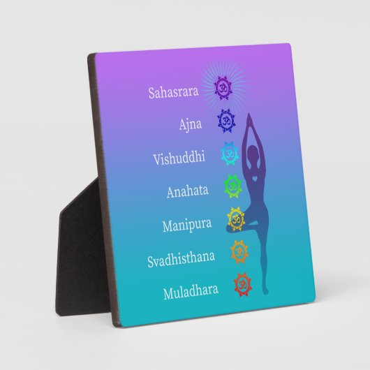 パープルラベンダーティール(緑がかった色)サンスクリットチャクラズツリーポーズ フォトプラーク (正面)