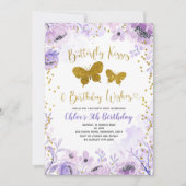 パープルラベンダーバタフライキスと誕生日 招待状 (正面)